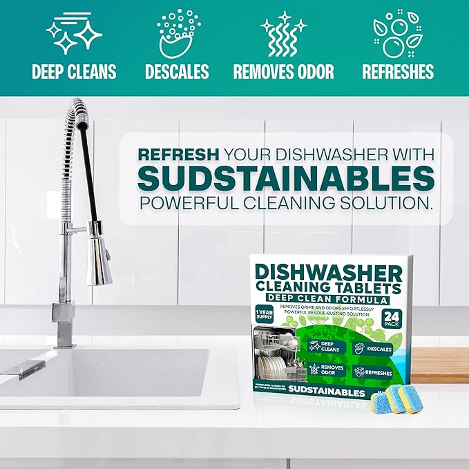 Sudstainables Dishwasher Cleaner and Deodorizer Tablets, 24 Pack – Dishwasher Cleaning Tablets for Odor and Buildup Removal, Descaler - 1-Year Supply