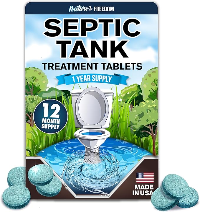 Nature's Freedom Septic Treatment Tablets – 1 Year Supply, Small Yet Powerful Enzyme Formula, Prevents Backups, Odors & Clogs, Made in the USA