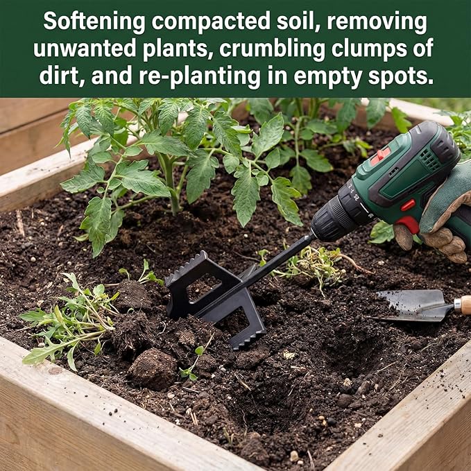 Garden Groomer 4-in-1 Soil Tiller & Auger—Cultivate, Loosen, Weed, and Drill in Garden Beds Or Planter Boxes. 3/8" Hex-Drive Drill Attachment for Effortless Gardening.