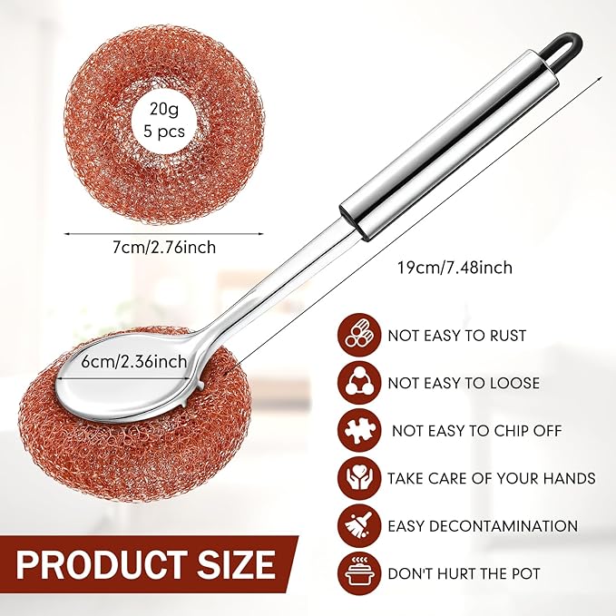 5 Pcs Copper Coated Scourers Copper Scrubbing Pads Scouring Pads 1 PC Steel Wool Scrubber Dish Brush Set with Handle Deep Cleaning Scrubber Silver for Kitchen Cleaning Dishes Pots Pans