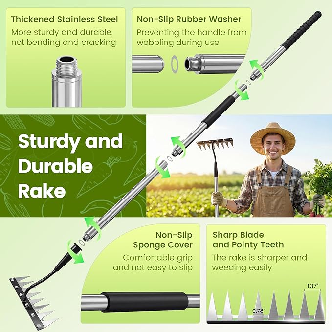 Iron Weeding Rake with Long Handle - Upgraded 8 Teeth Weed Puller Tool, Heavy Duty Manual Weeder Remover Tool for Weeding, Cultivating & Soil Aeration