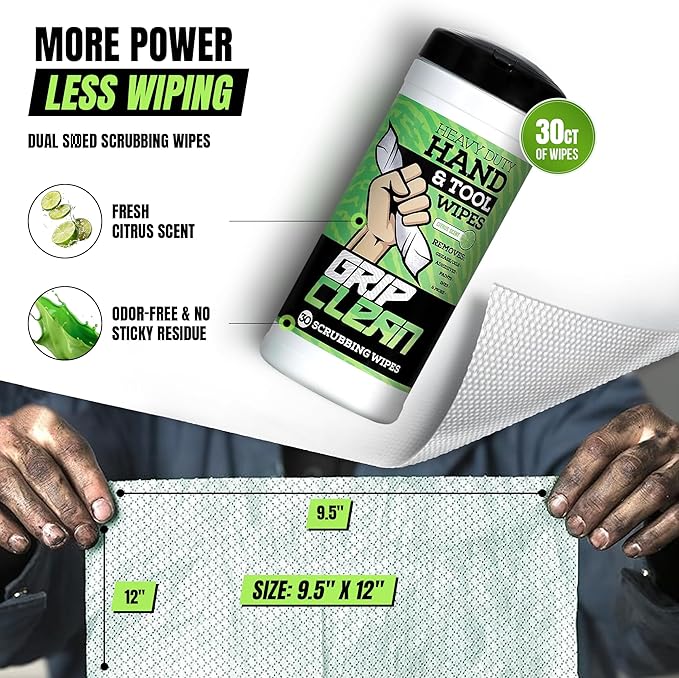 Grip Clean Heavy Duty Hand & Tool Cleaning Wipes – Waterless Hand Cleaner for Mechanics, Garage & Shop Use – Dual-Sided Grease, Oil & Paint Remover Wipes with Citrus Scent - 30ct (6 Pack)