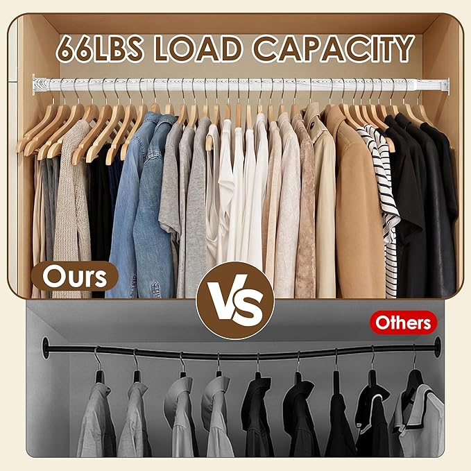 Closet Rod 17-51 Inches，1.3 Inch Diameter Heavy-Duty Adjustable Closet Rods for Hanging Clothes Closet Hanging Rod Metal Closet Poles for Wardrobes Laundry RV Bathroom（White Wood Grain Finish）