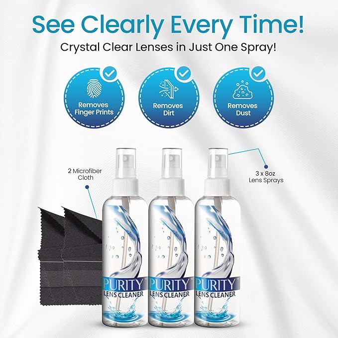 Purity Eyeglass Lens Cleaner Spray Kit - 3 x 8oz Lens Cleaner Spray Bottle + 2 Microfiber Cloth for Cleaning - Safe for All Lenses (AR Coated Included), Eyeglasses and Screens