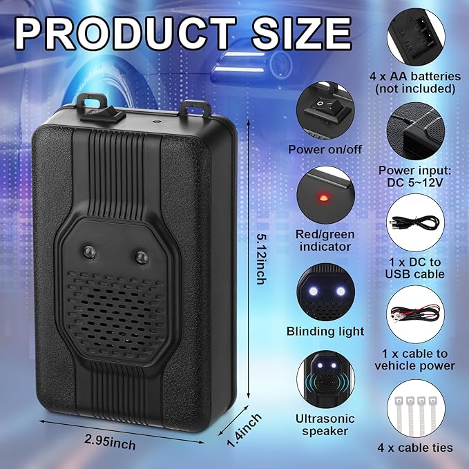 Qualirey 2 Pcs Ultrasonic Rodent Repellent for Car Engines Car Rodent Repeller Under Hood Battery Operated Rat Repellent with Strobe Light Keep Pest Squirrels Mice Out of Garage RV Outdoor