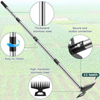 Weed Puller Tool with Long Handle, 2 in 1 Manual Weed Rake and Garden Hoe, 11 Tooth Weed Remover Tool, Hoe Garden Tool, Uprooting Weeding Tool for Yard, Lawn, Patio and Garden