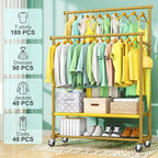 Double Rods Clothes Rack for Hanging Clothes, Heavy Duty Rolling Clothing Rack with Wheels, Freestanding Garment Racks with Oxford Bottom Shelf and Mesh Bottom Shelf for Bedroom Laundry (Gold)