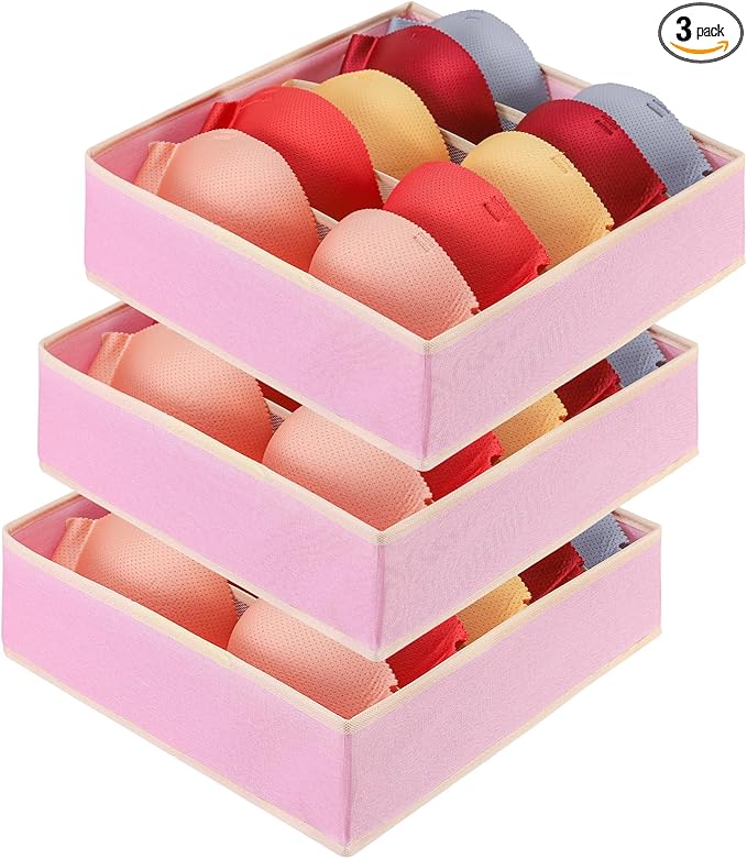Bra Storage Drawers Organizer for Clothing Underwear Drawer Organizer Dividers Foldable Storage Cube Bins for Bra,Socks, Underwear,3 Pack （Pink）