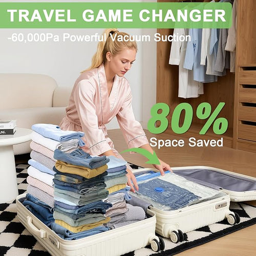 12 Pack Vacuum Seal Bags for Clothing Travel with -60000Pa USB Pump, Save 80% of Space for Clothes (12 Combo)