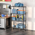SINGAYE 4 Shelf Storage Wire Shelves Closet Bathroom Organizers Metal Pantry Kitchen Garage Shelving Unit Laundry Room Organization Home Narrow Rack Net Basket with Wheels Black