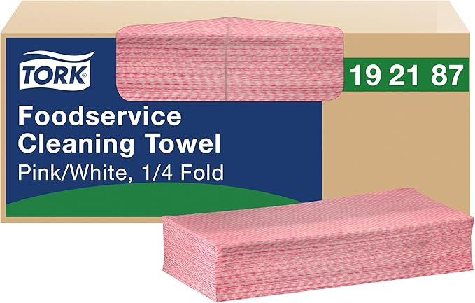Tork Foodservice Cleaning Towel Pink and White, 1/4 Fold, 1 x 200 Towels, 192187