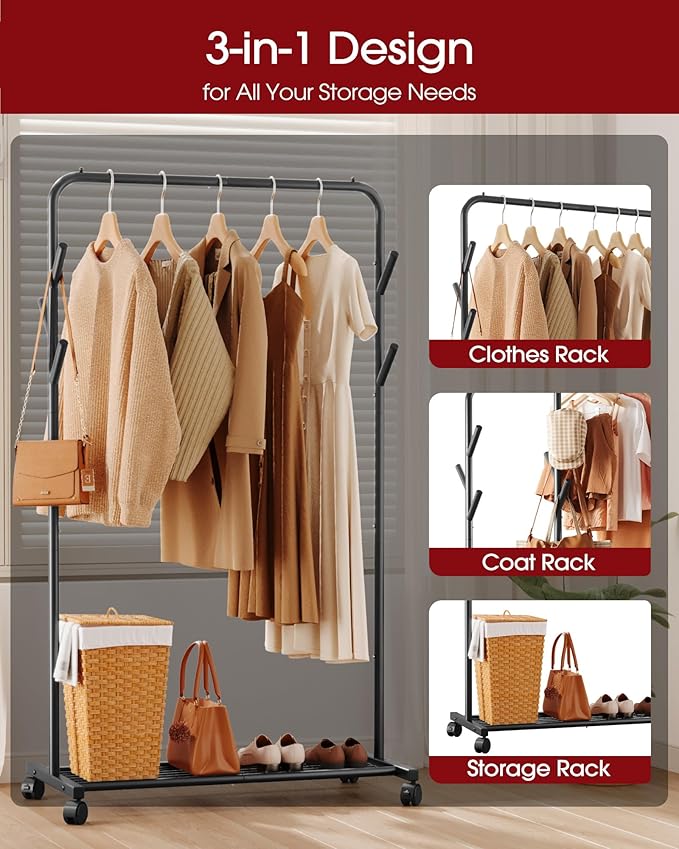 Sakugi Clothes Rack - Metal Coat Rack with Bottom Shelf, Portable Wardrobe Rack with 6 Side Rods, Rolling Clothing Rack for Hanging Clothes for Bedroom or Laundry Room (Black, 28.7 x 17 x 59.4)