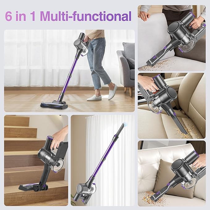 Zefiro Cordless Vacuum Cleaner for Home,450W /40Kpa 50Mins Stick Vacuum,Anti-Tangle 1.5L Dust Cup, Rechargeable Wireless Handheld Vacuum for Pet Hair/Carpet/Floor