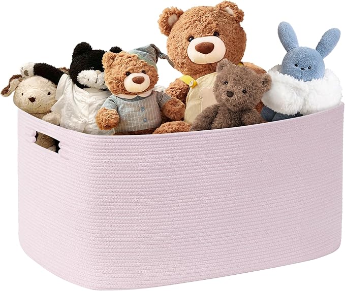 60L Small Baby Girls Laundry Basket for Nursery Storage,Cute Woven cotton Rope Baskets for Kids Toy，Gifts, Boho Square Wicker Blanket hamper for Living Room,Bedroom Dirty Clothes,Pink
