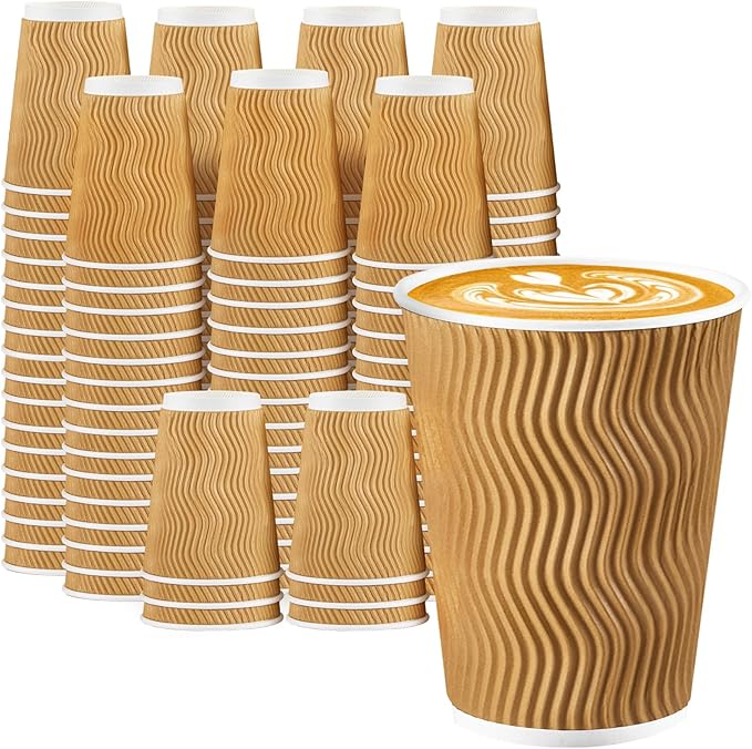 Lamosi Disposable Coffee Cups 12 OZ 100 Pack, Paper Coffee Cups 12 OZ for Hot Drinks or Cold Beverages, Insulated Corrugated Ripple Wall Cup No Lids for Office, Cafe, Home or Travel (Champagne)