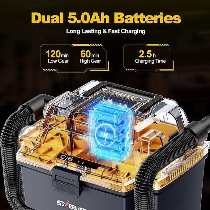 GEVEELIFE Cordless Shop Vac Wet and Dry, 4.3 Gallon Shop Vac with 2 x 5.0Ah Batteries, Fast Charger, HEPA Filter, Strap & Wheels, 3-in-1 Vacuum Cleaner for Garage, Car, Workshop