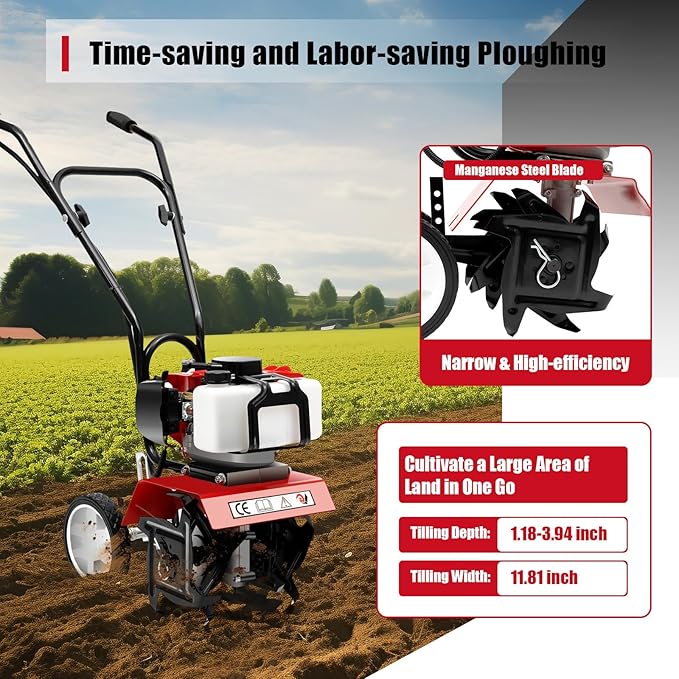 Mini Tiller Cultivator, Powerful 52cc Two-Stroke Single-Cylinder Gasoline Engine, Gear Drive Transmission, Height Adjustable Wheels, for Gardening RED