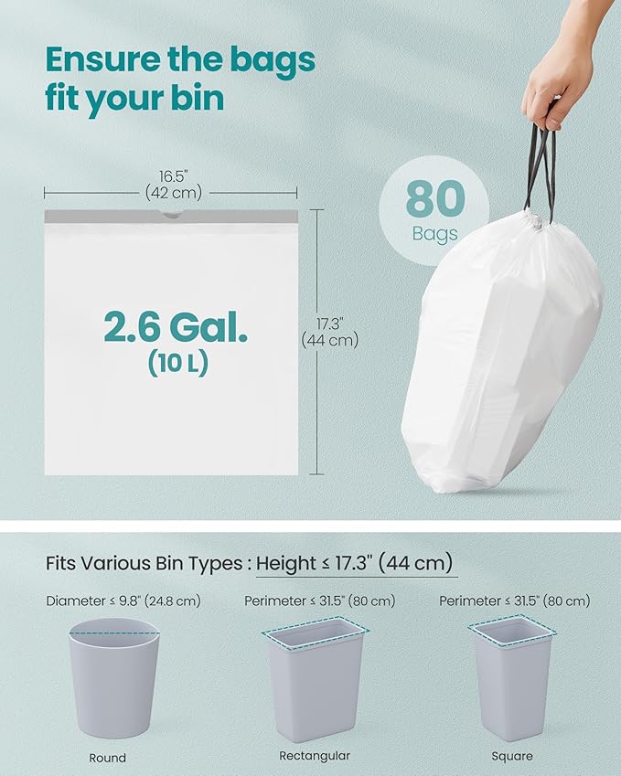 SONGMICS Trash Bags for 2.6-Gallon (10 L) Trash Cans, Drawstring Kitchen Garbage Bags, Pre-Separated, Quick-Dispense Box, Liner Code R, 2 Rolls, 80 Count, White UKRB011A02