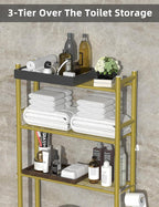 Livilord 3-Tier Over The Toilet Storage, Freestanding Metal Bathroom Shelves with 4 Hooks, Over Toilet Storage Shelf with Paper Holder, Above The Toilet Shelf for Bathroom Storage, Gold