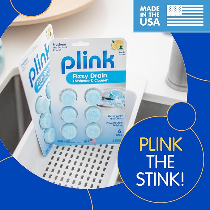 Plink Fizzy Drain Cleaner and Freshener, Prevents Drain Clogs and Buildup, Removes Odors from Bathroom and Kitchen Sinks, Septic-Friendly, Made in the USA, Lemon Scent, 18 Tablets