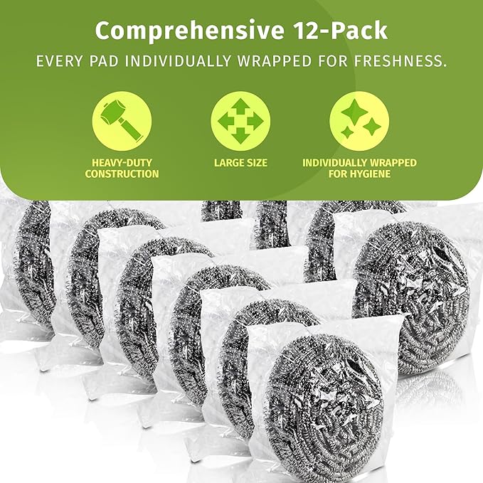 Brheez Stainless Steel Cleaner Scouring Pads [12 Pack] - Industrial & Commercial Strength Large Cleaning Supplies Dish Sponge - Individually Wrapped 50 Gram