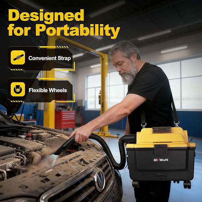 GEVEELIFE Cordless Shop Vac Wet and Dry, 4.3 Gallon Shop Vac with 2 x 5.0Ah Batteries, Fast Charger, HEPA Filter, Strap & Wheels, 3-in-1 Vacuum Cleaner for Garage, Car, Workshop