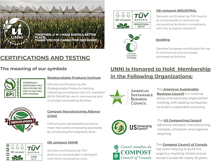 UNNI Compostable Trash Bags, 3 Gallon / 11.35 Liter, 200 Count, Extra Thick 0.71 Mil Small Kitchen Food Scrap Bin Liners, Certified by BPI, CMA & OK compost HOME, Meets the ASTM D6400 Standard