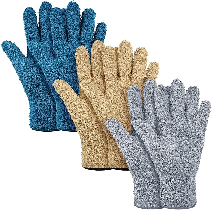 Patelai 3 Pairs Microfiber Plant Dusting Gloves Leaf Cleaning Gloves for Indoor Plants, Blinds, Furniture, House (Dark Blue,Gray,Khaki,Medium)