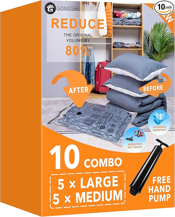 GONGSHI Vacuum Storage Bags, Space Saver Seal Bags For Clothing, Blankets, Comforters, Pillows, Clothes Storage,Travel Luggage.5 L 5 M