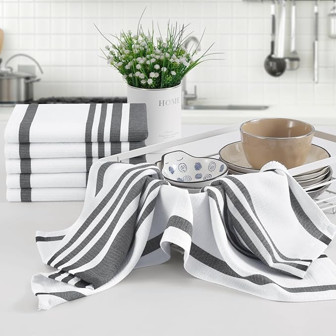 Homaxy Premium Kitchen Towels 18”x 28”, Large Cotton 380 GSM Kitchen Hand Towels, Stripe and Terry Dish Towel, Highly Absorbent Tea Towel Set with Hanging Loop, 12 Pack, Black