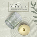 Sage Colored Tranlucent Apothecary Etched Geometric Grid Glass Jar W/Gold Metal Lid Cover for Bathroom Organization, Cotton Balls, Q Tips, and Small Accessories, Bathroom Storage