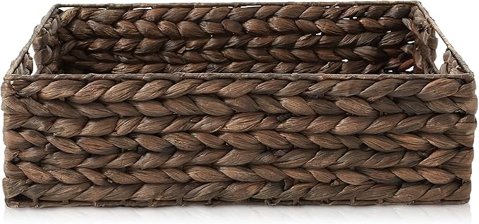 Casafield Set of 4 Water Hyacinth Pantry Baskets, 12-1/2" x 17" x 5", with Chalkboard Labels and Chalk Marker - Espresso, Woven Storage Bin Organizers for Kitchen Shelves