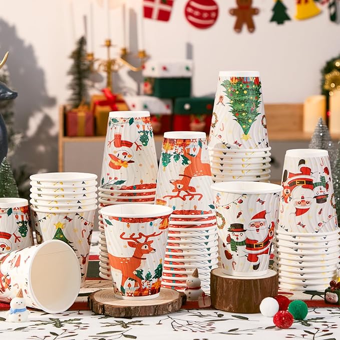 Lamosi Christmas Disposable Coffee Cups 12 OZ 100 Pack, Paper Coffee Cups 12 OZ for Hot Drinks or Cold Beverages, Insulated Corrugated Ripple Wall Cup No Lids for Office, Cafe, Home or Travel