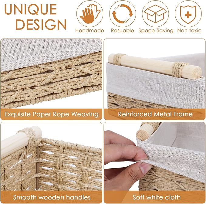 Wicker Storage Basket with Wooden Handle – Paper Rope Decorative Toilet Paper Baskets & Bathroom Organizer for Toilet Tank Top, Shelves, Bedroom, Countertop,Home,Office Storage Bins, 2 Pack,Beige