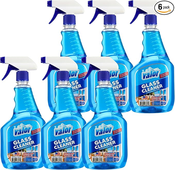 Valor Glass Cleaner Trigger Sprayer – Streak-Free Shine for Glass & Mirrors, 32 fl oz (32 Fl Oz (Pack of 6))