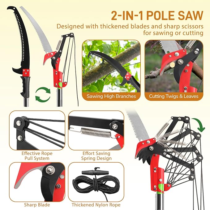 VINGLI Manual Pole Saw for Tree Trimming, 26 ft Extendable Tree Pruner, Sharp Steel Blade and Scissors, High Tree Branch Cutter with Lightweight 8 Fiberglass Long Handles, for Pruning Palms and Shrubs