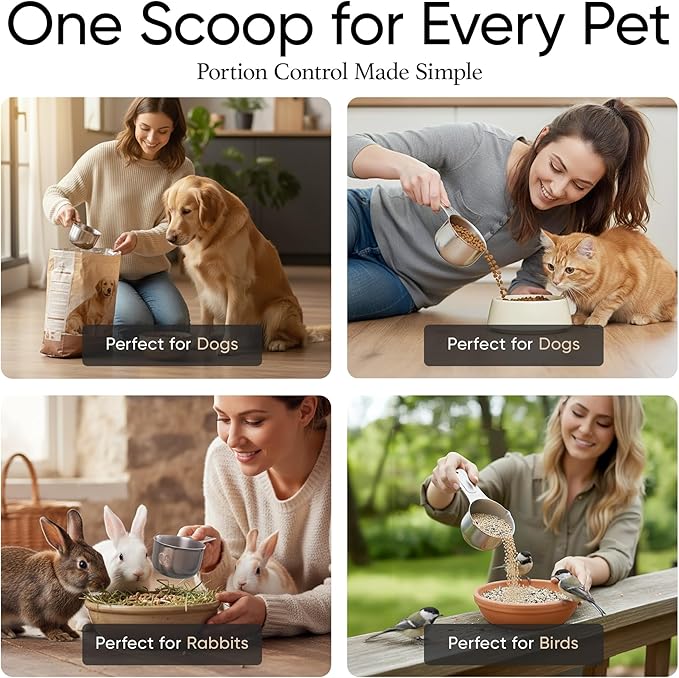 Color Up 2 Scoop (2 Cup / 480 ml) Stainless Steel Pet Food Measuring Scoop for Dogs, Cats, Rabbits & Birds – Dual Pour Spouts, Ergonomic Handle, Dishwasher Safe