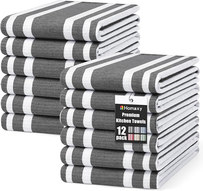 Homaxy Premium Kitchen Towels 18”x 28”, Large Cotton 380 GSM Kitchen Hand Towels, Stripe and Terry Dish Towel, Highly Absorbent Tea Towel Set with Hanging Loop, 12 Pack, Black