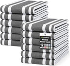 Homaxy Premium Kitchen Towels 18”x 28”, Large Cotton 380 GSM Kitchen Hand Towels, Stripe and Terry Dish Towel, Highly Absorbent Tea Towel Set with Hanging Loop, 12 Pack, Black