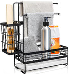 Tlence Kitchen Sink Caddy with 3 Dishcloth Drying Racks, Sponge Holder Rag Stand with Drain Pan, Metal Sink Storage Organizer with Removal Basket for Brush, Towel, Scrubber, Dish Rag, Black