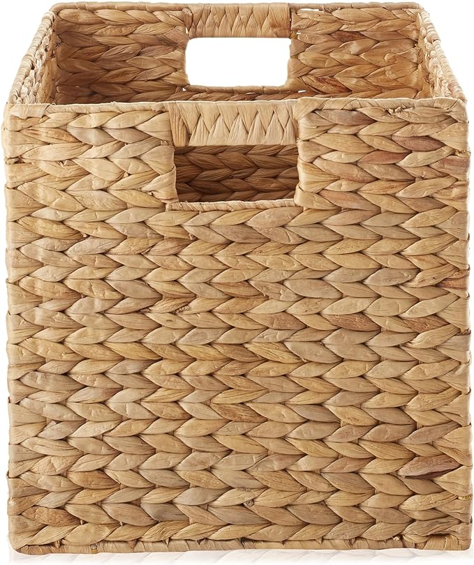 Casafield 12" x 12" Water Hyacinth Storage Baskets, Natural - Set of 4 Collapsible Cube Organizers, Woven Bins for Bathroom, Bedroom, Laundry, Pantry, Shelves