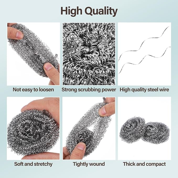 100Pcs Steel Wool Scrubber Pads, Bulk Steel Wool Scrubber, Metal Sponge Wire Scouring Pad, Heavy Duty Dishwashing Scouring Pads for Cleaning Dishes, Pans, Pots, Ovens, Grills, Sinks