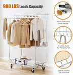 Gewudraw Heavy Duty Clothes Rack Load 900 Lbs, Double Rod Rolling Clothing Rack With Sturdy Wheel And Shelves，Adjustable Portable Hanging Rack For Clothes,Silver Stainless Steel