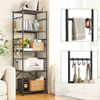 DurayLoly 5-Tier Storage Shelves,Sturdy Metal Shelving Unit with Hooks,Wobble-Free Storage Rack with Leveling Feet,Slim Standing Shelf Organizer for Garage Kitchen Pantry,17.7”W×11.8”D ×58.3”H,Black