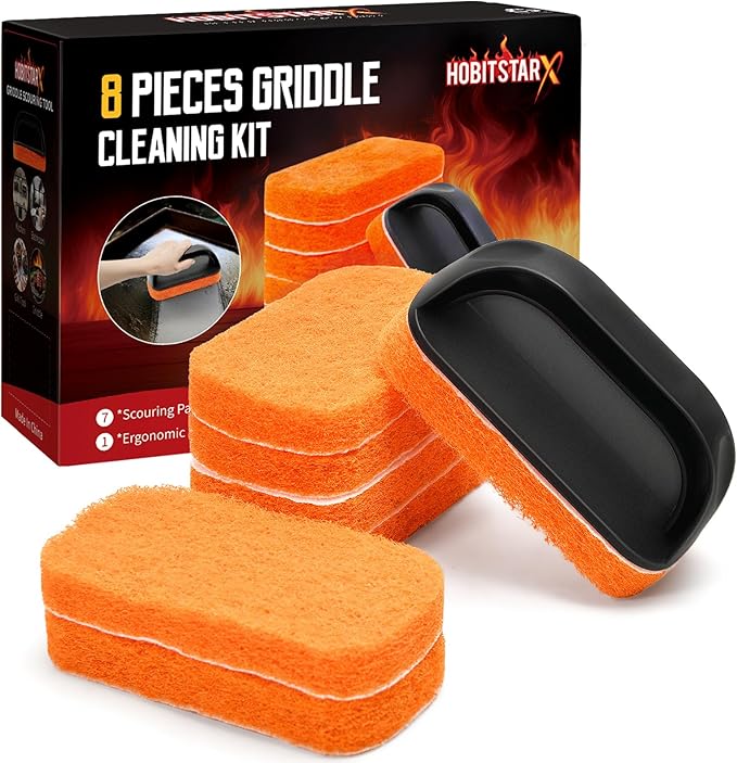 Griddle Cleaning Kit for Blackstone, Flat Top Grill Cleaner - Non-Scratch Scouring Pads for Blackstone Griddle Accessory,7 Griddle Scrubber Pads with 1 Handle,Easy Cleaning on Hot or Cold Surfaces