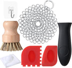 Patelai 7 Pieces Cast Iron Cleaner Set Include Stainless Steel Chainmail Scrubber with Bamboo Dish Scrub Brush Hot Handle Holder 2 Pan Grill Scrapers Kitchen Towel Wall Hook (Classic Color)