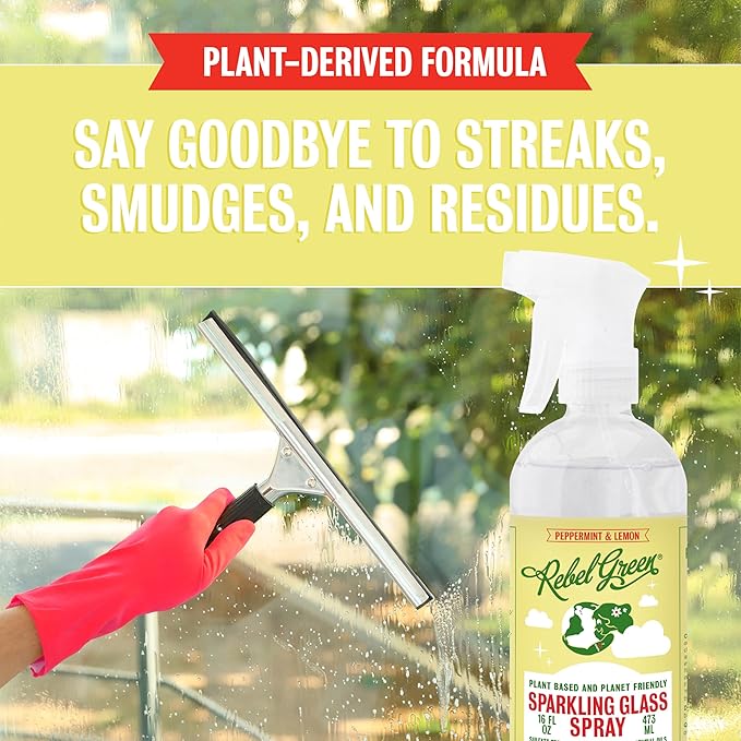 Rebel Green Sparkling Glass Spray - Streak-Free Natural Glass Cleaner for Windows, Mirrors, and Surfaces - Peppermint & Lemon Scent - 16 oz - 2 Pack