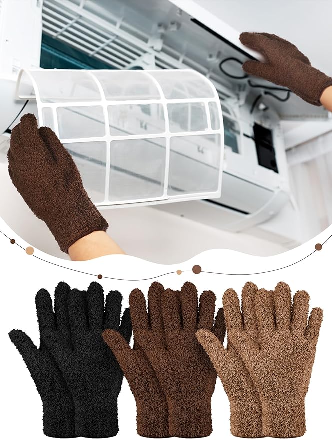 Patelai 3 Pairs Microfiber Plant Dusting Gloves Leaf Cleaning Gloves for Indoor Plants, Blinds, Furniture, House (Black,Brown,Dark Brown,Medium)
