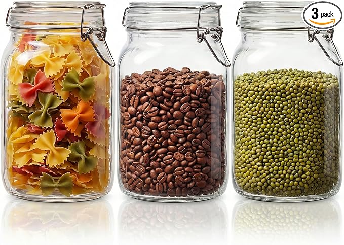 HomArtist Square Glass Jars with Airtight Lid Set of 3, 50 floz Wide Mouth Mason Jars with Clamp Lids,Glass Sealed Jars with Air Tight Lids, Best for Kitchen & Pantry Food Storage