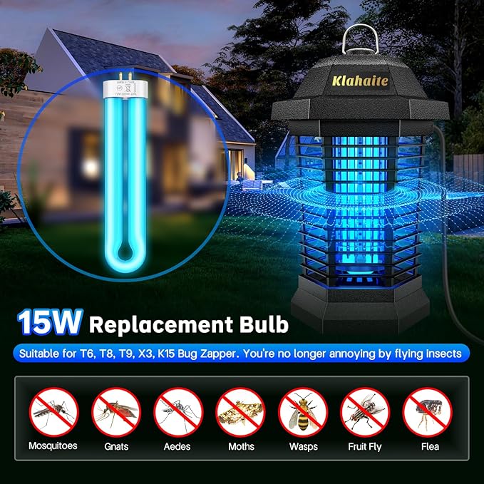 Klahaite Replacement Light Bulb Bug Zapper 15W Bug Light Bulbs for K15, X3,T6, T8, T9 Bug Zapper Outdoor 4-Pin Base U Shaped Twin Tube Bulb for Outdoor Mosquito Zapper, 2 Pack